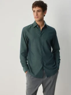 Forest Green Slim Fit Easy Care Textured Trimmed Shirt