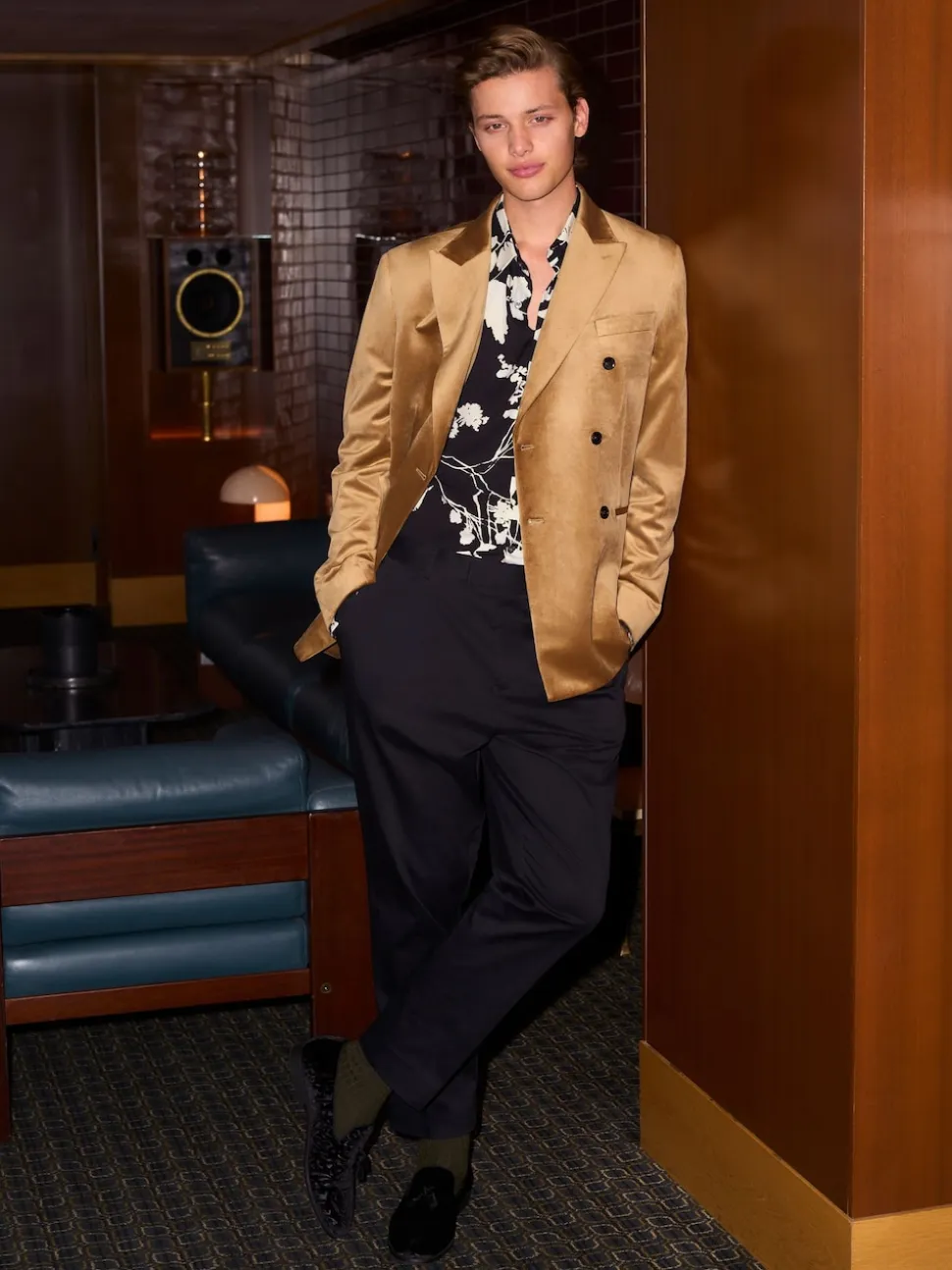 gold Regular Fit Double Breasted Velvet Blazer