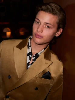 gold Regular Fit Double Breasted Velvet Blazer