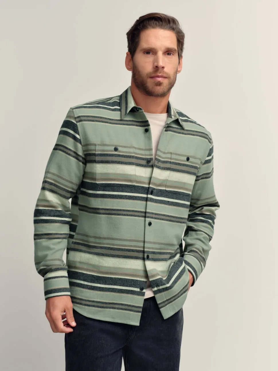 Green Brushed Stripe Long Sleeve Shirt
