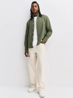Green Cotton Linen Blend Long Sleeve Shirt