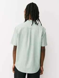 Green Grandad Collar Cotton Linen Blend Short Sleeve Shirt