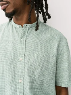 Green Grandad Collar Cotton Linen Blend Short Sleeve Shirt