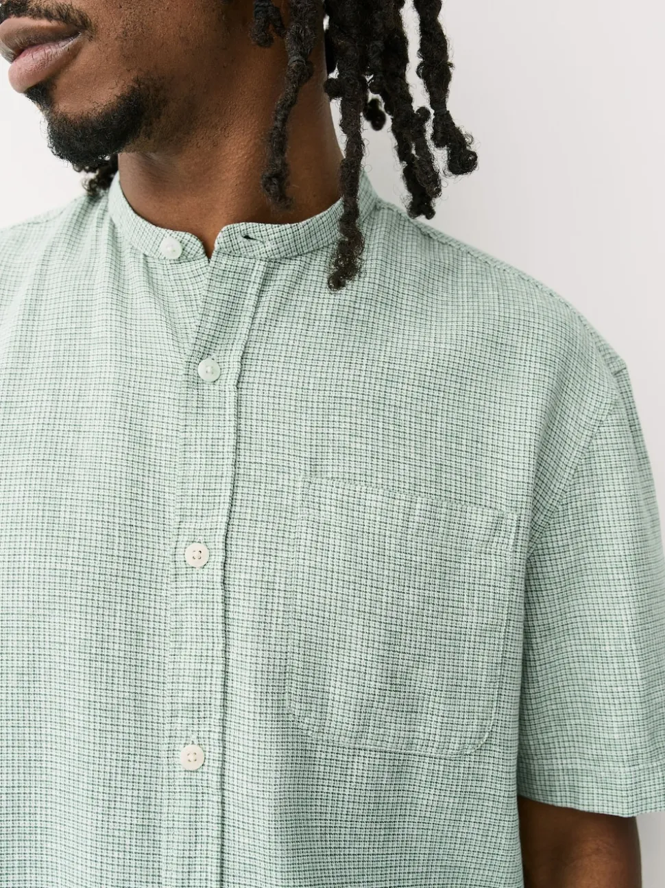 Green Grandad Collar Cotton Linen Blend Short Sleeve Shirt