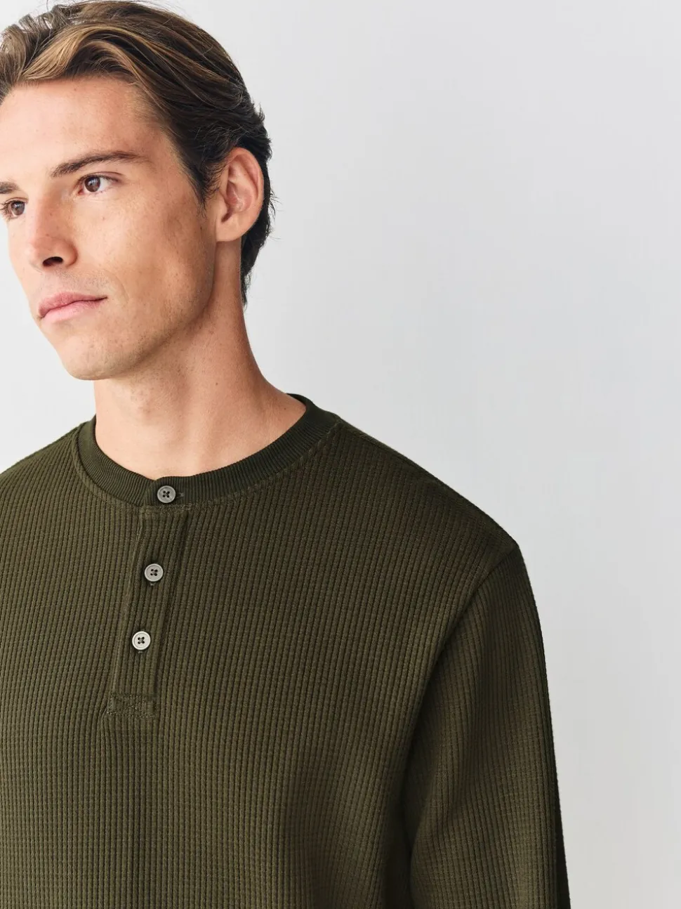 Green Long Sleeve Grandad Collar T-Shirt