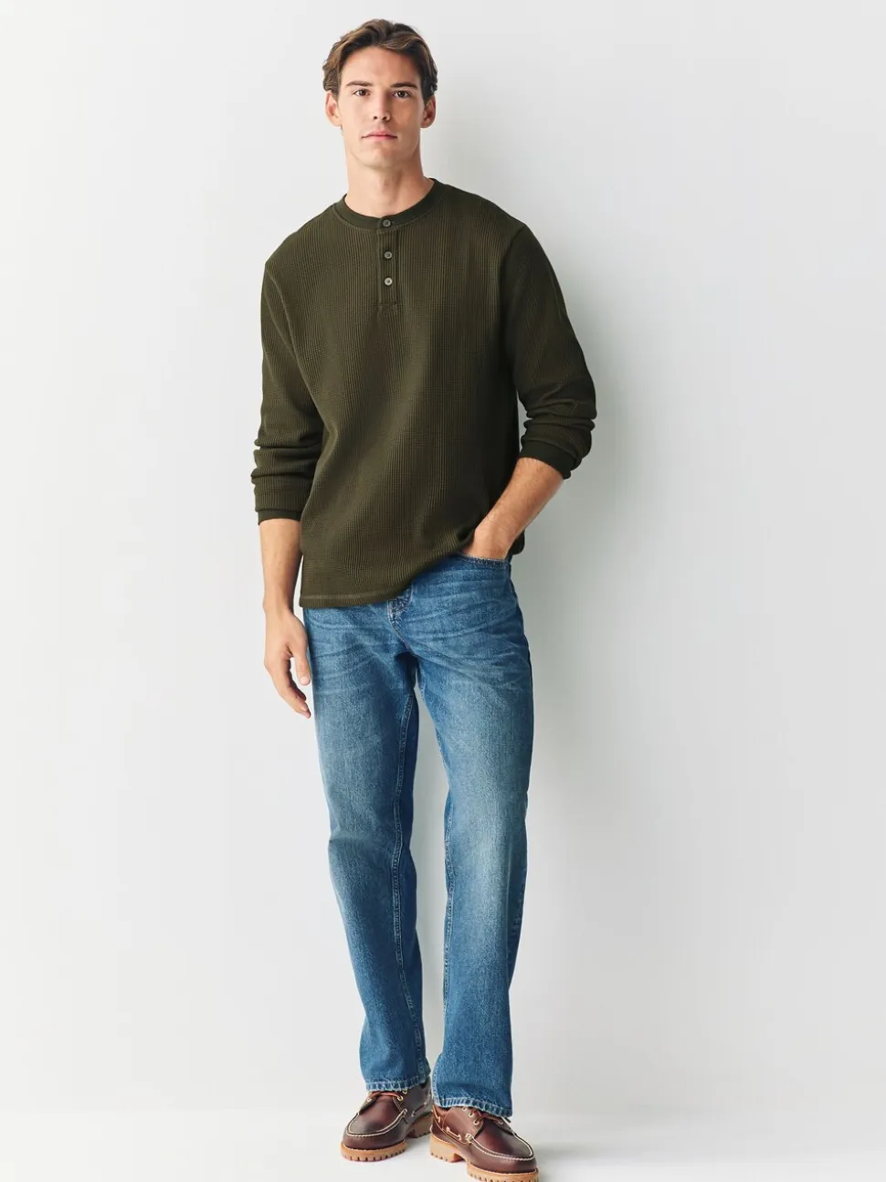 Green Long Sleeve Grandad Collar T-Shirt
