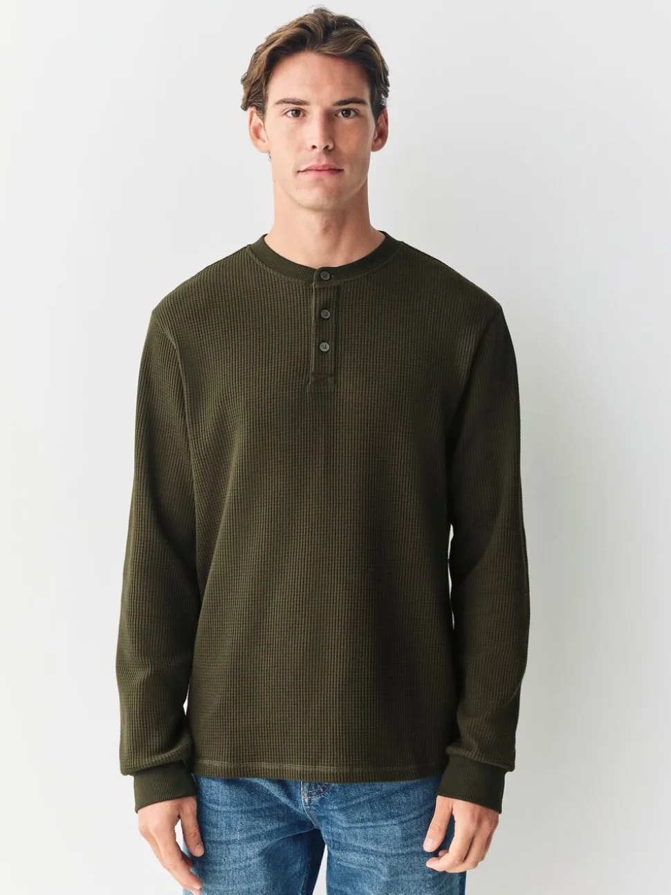 Green Long Sleeve Grandad Collar T-Shirt