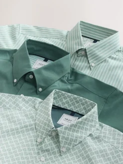 Green Print/Plains Regular Fit Easy Iron Oxford Shirts 3 Pack