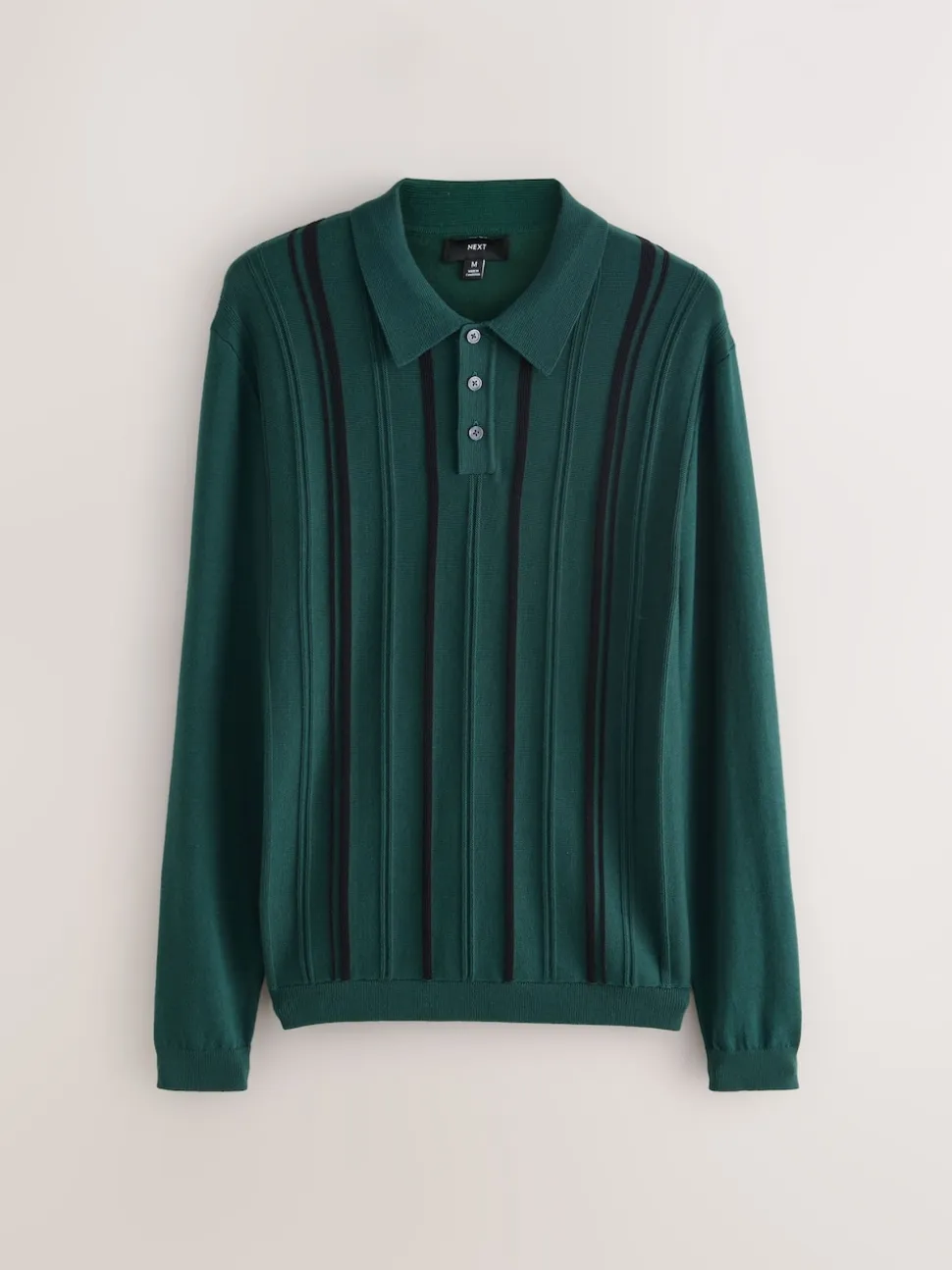 Green Regular Fit Cotton Rich Long Sleeve Stripe Knit Polo Shirt