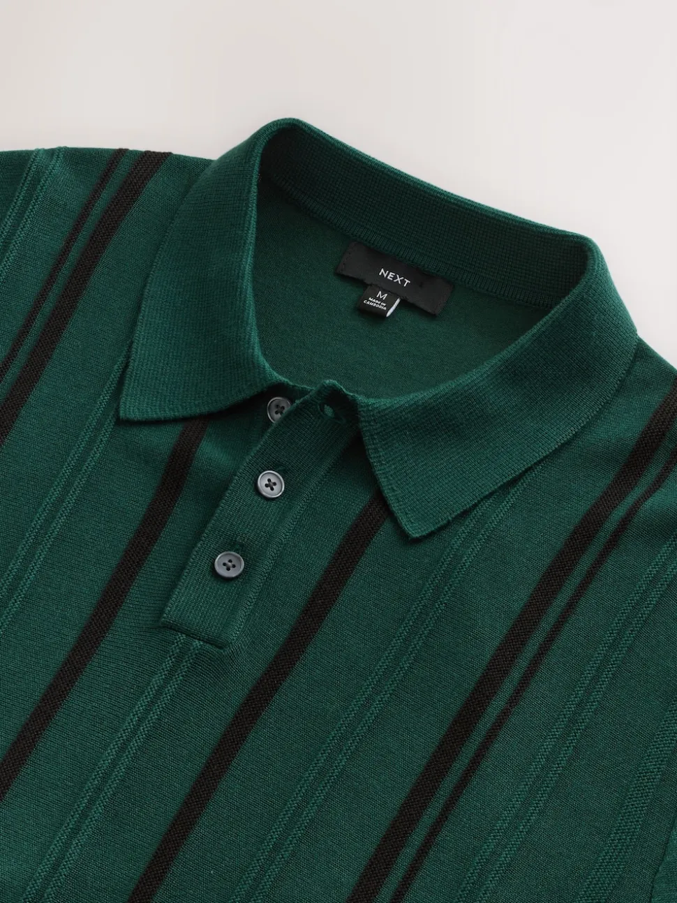 Green Regular Fit Cotton Rich Long Sleeve Stripe Knit Polo Shirt