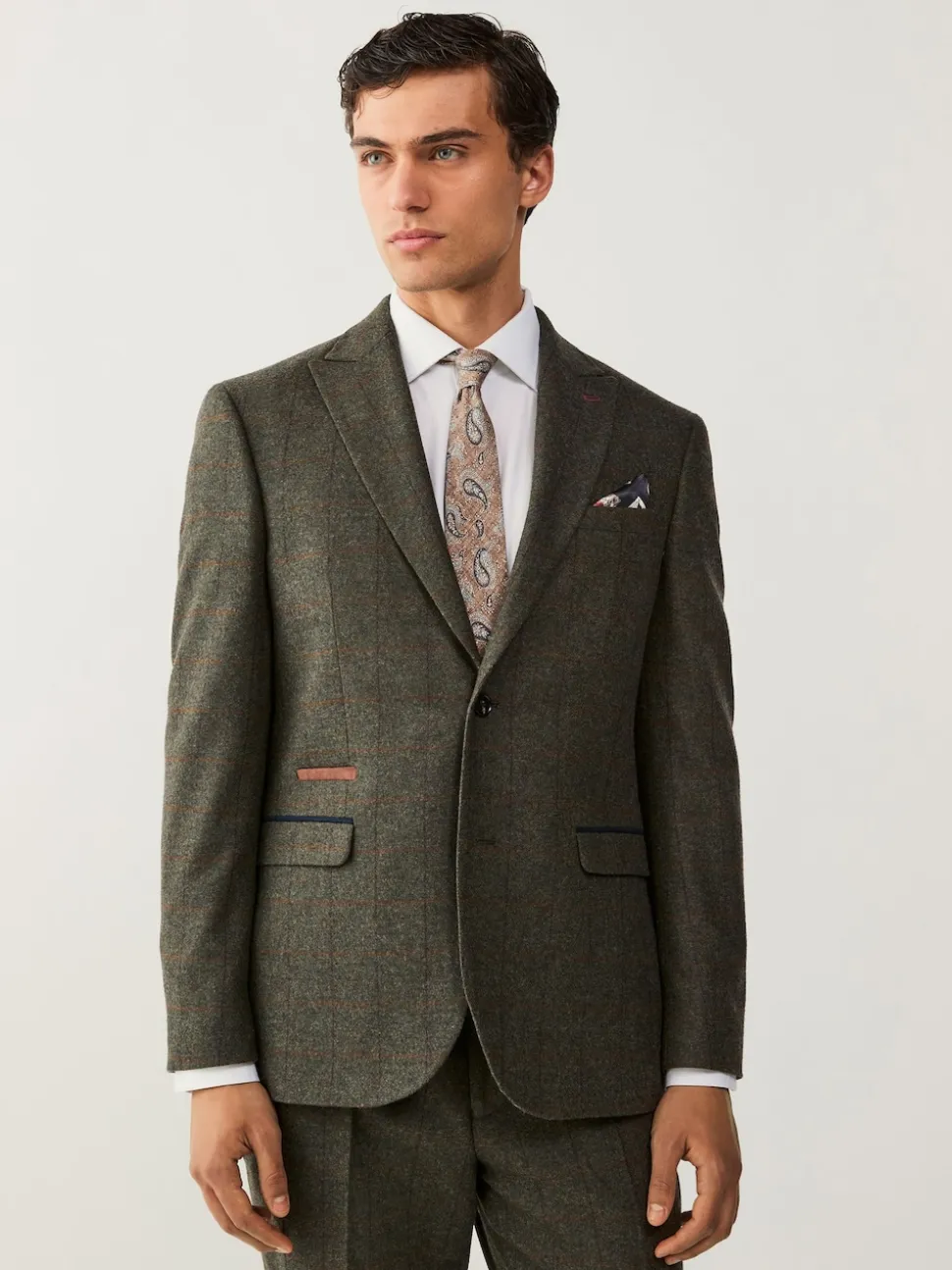 Green Regular Fit Nova Fides Italian Wool Blend Trimmed Check Suit Jacket