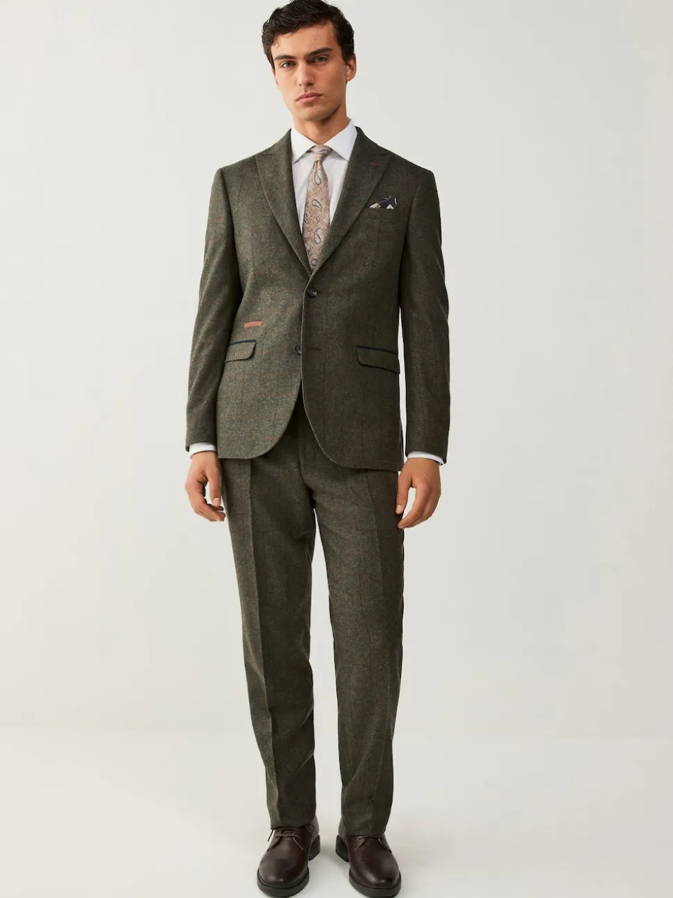Green Regular Fit Nova Fides Italian Wool Blend Trimmed Check Suit Jacket