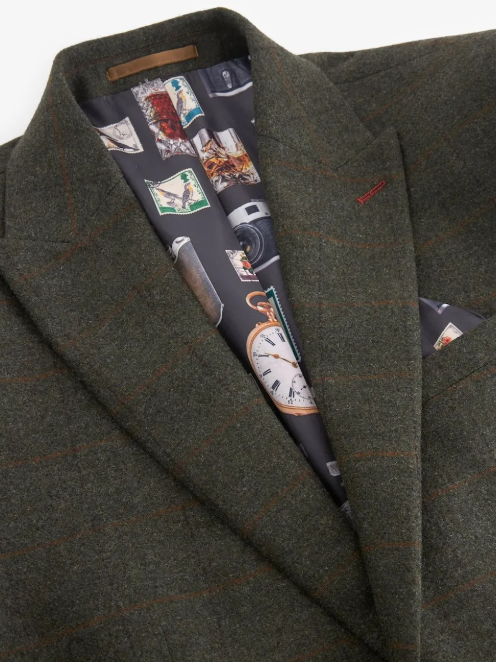Green Regular Fit Nova Fides Italian Wool Blend Trimmed Check Suit Jacket