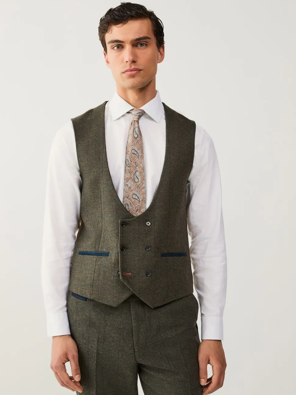 Green Regular Fit Nova Fides Italian Wool Blend Trimmed Check Suit Waistcoat