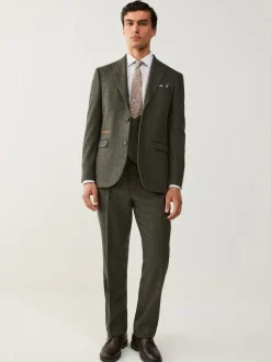 Green Regular Fit Nova Fides Italian Wool Blend Trimmed Check Suit Waistcoat