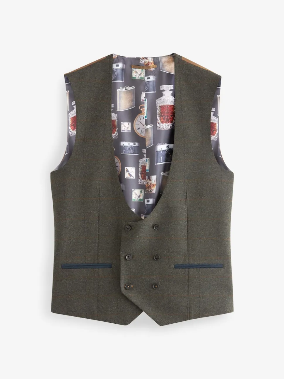 Green Regular Fit Nova Fides Italian Wool Blend Trimmed Check Suit Waistcoat