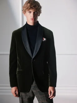 Green Regular Fit Signature Pontoglio Italian Velvet Blazer With Shawl Lapel