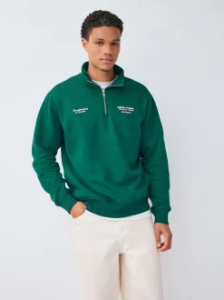 Green Simple Text Graphic Print Quarter Zip Neck Sweatshirt