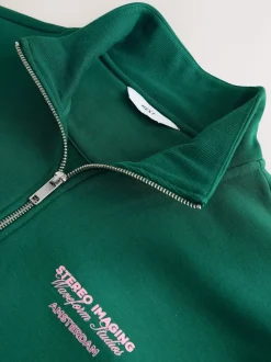 Green Simple Text Graphic Print Quarter Zip Neck Sweatshirt