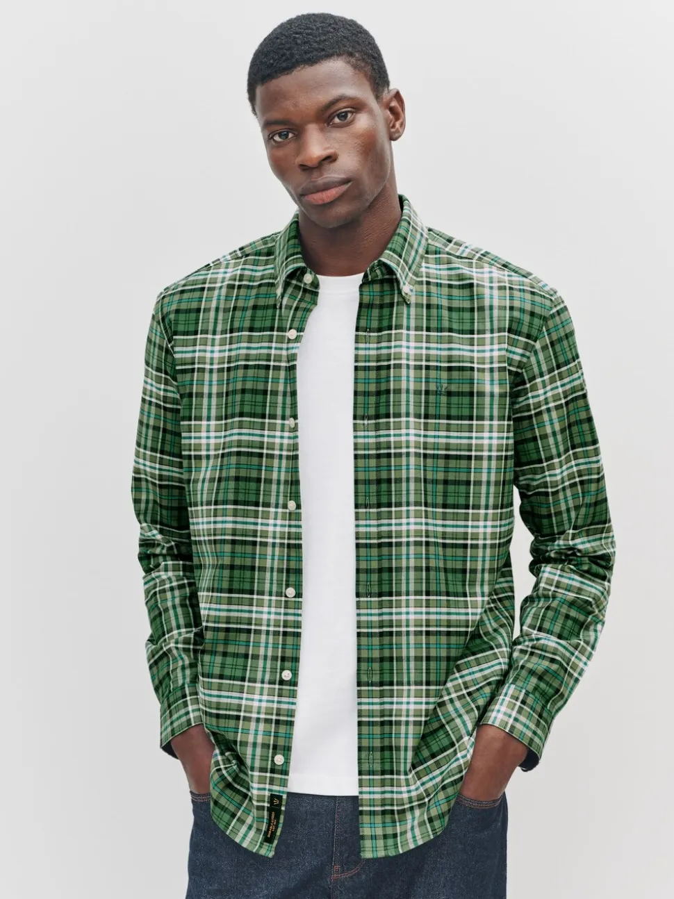 Green Slim Fit Long Sleeve Check Stretch Oxford Shirt
