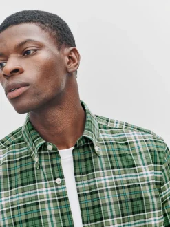 Green Slim Fit Long Sleeve Check Stretch Oxford Shirt