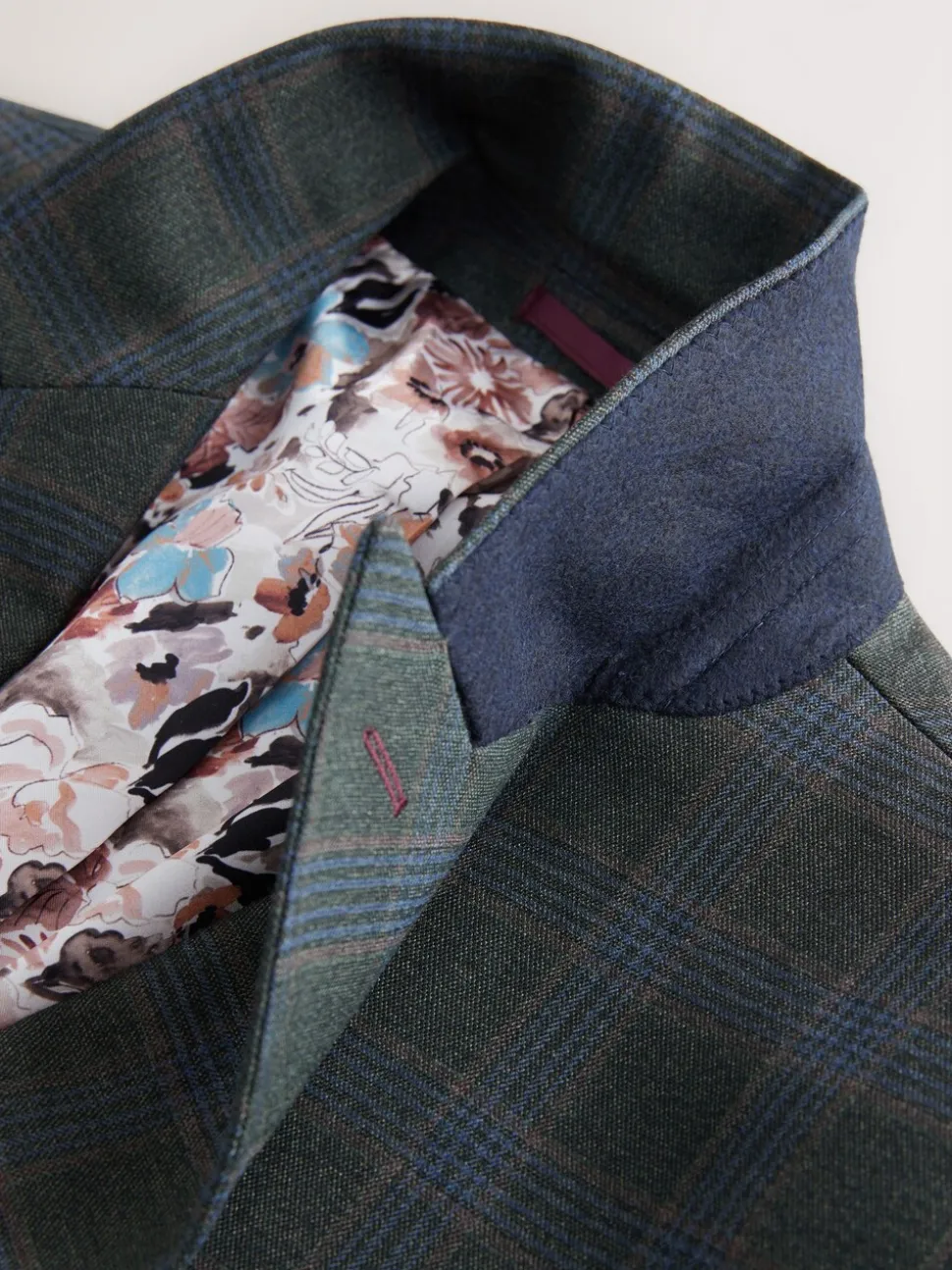 Green Slim Fit Trimmed Check Suit Jacket