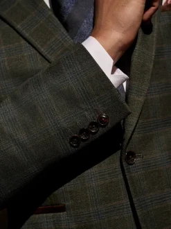 Green Slim Fit Trimmed Check Suit Jacket