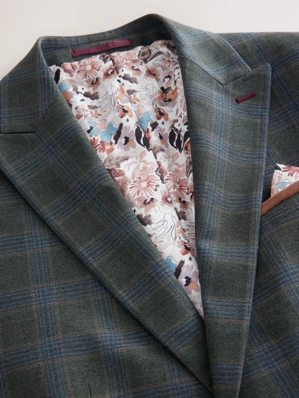 Green Slim Fit Trimmed Check Suit Jacket