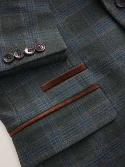 Green Slim Fit Trimmed Check Suit Jacket