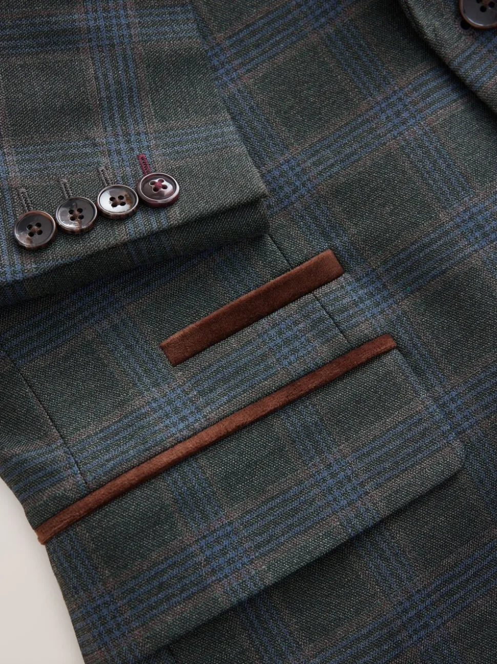 Green Slim Fit Trimmed Check Suit Jacket