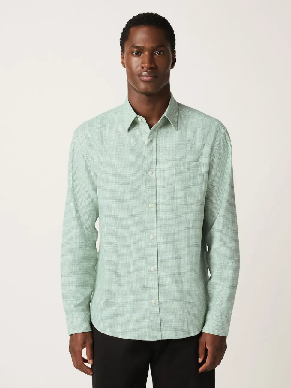 Green Standard Collar Cotton Linen Blend Long Sleeve Shirt
