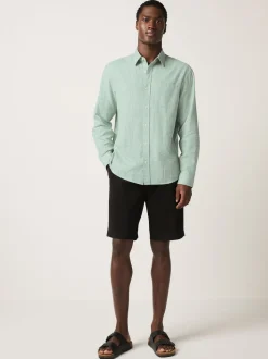Green Standard Collar Cotton Linen Blend Long Sleeve Shirt