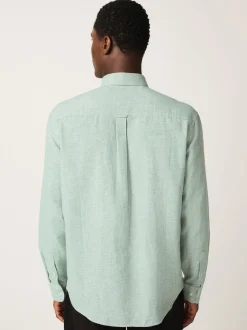 Green Standard Collar Cotton Linen Blend Long Sleeve Shirt