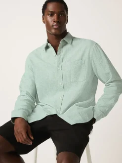 Green Standard Collar Cotton Linen Blend Long Sleeve Shirt