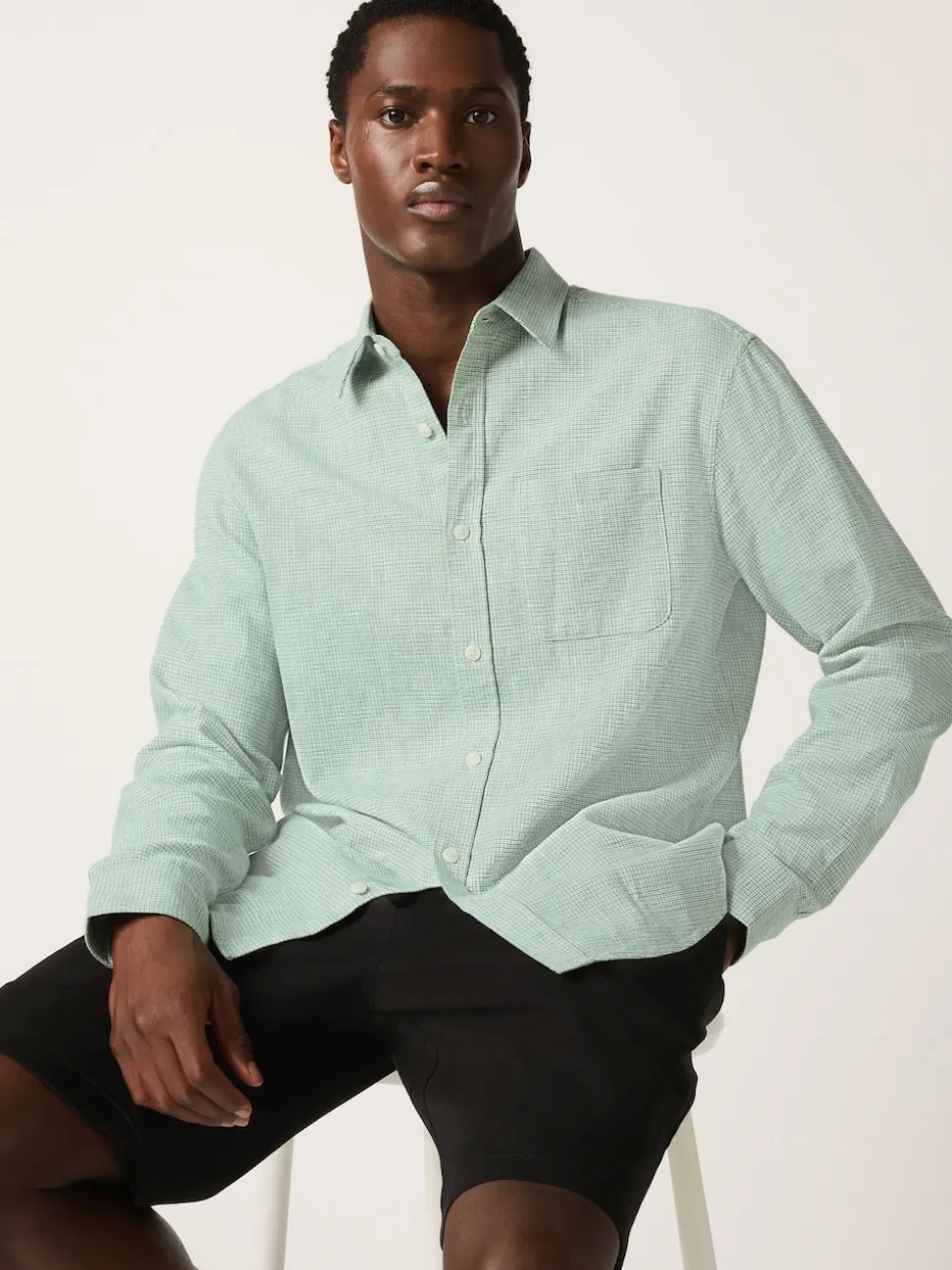 Green Standard Collar Cotton Linen Blend Long Sleeve Shirt