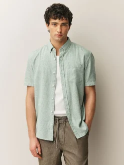 Green Standard Collar Cotton Linen Blend Short Sleeve Shirt