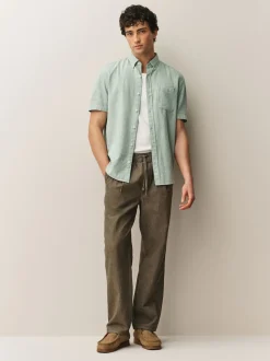 Green Standard Collar Cotton Linen Blend Short Sleeve Shirt