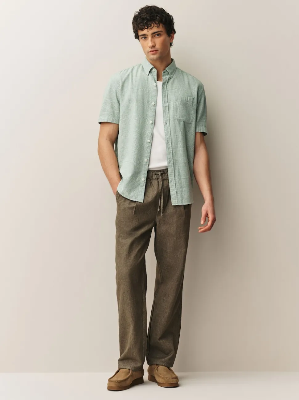 Green Standard Collar Cotton Linen Blend Short Sleeve Shirt