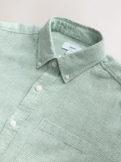 Green Standard Collar Cotton Linen Blend Short Sleeve Shirt