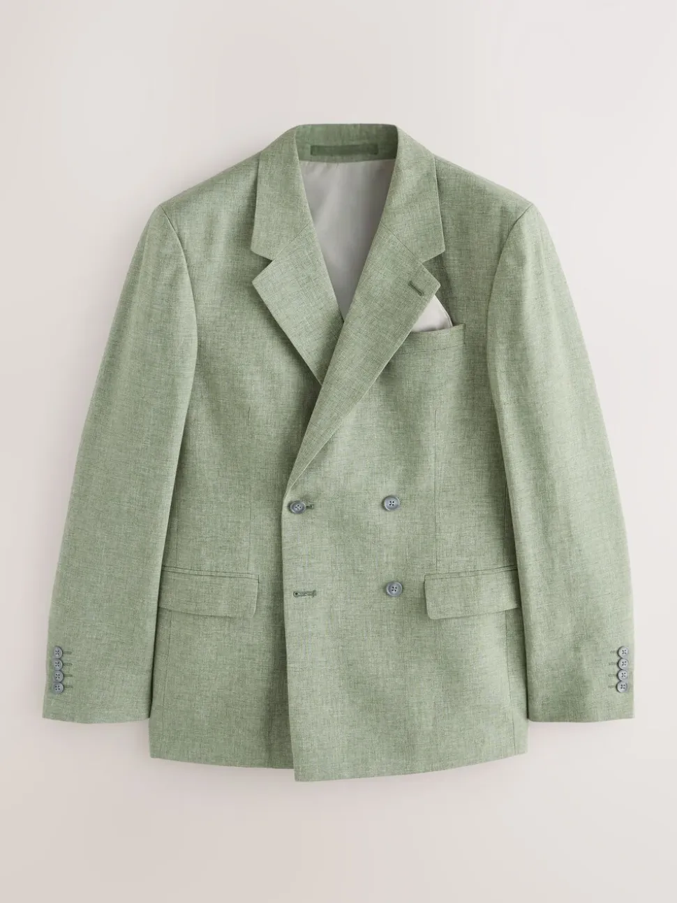Green Tailored Fit Textured Linen Double Breasted Suit Jacket