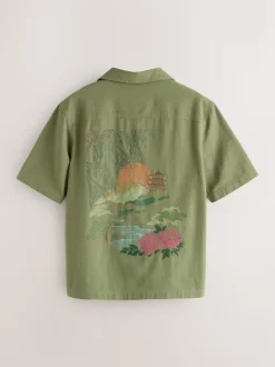 Green Textured Embroidered Japanese Print Short Sleeve Shirt