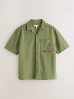 Green Textured Embroidered Japanese Print Short Sleeve Shirt