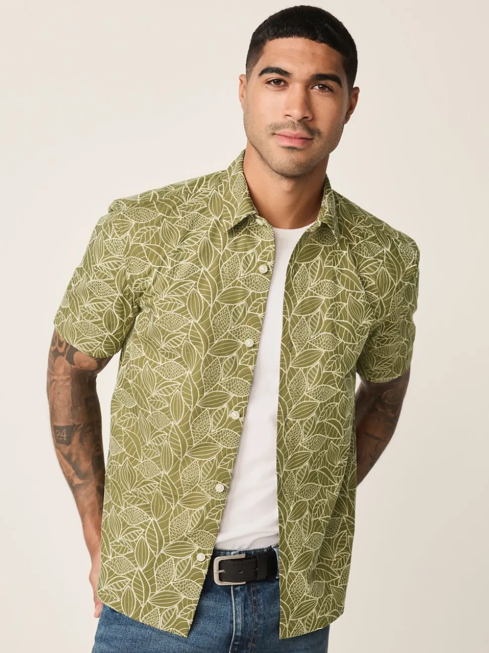 Green Textured Embroidered Tile Short Sleeve Shirt