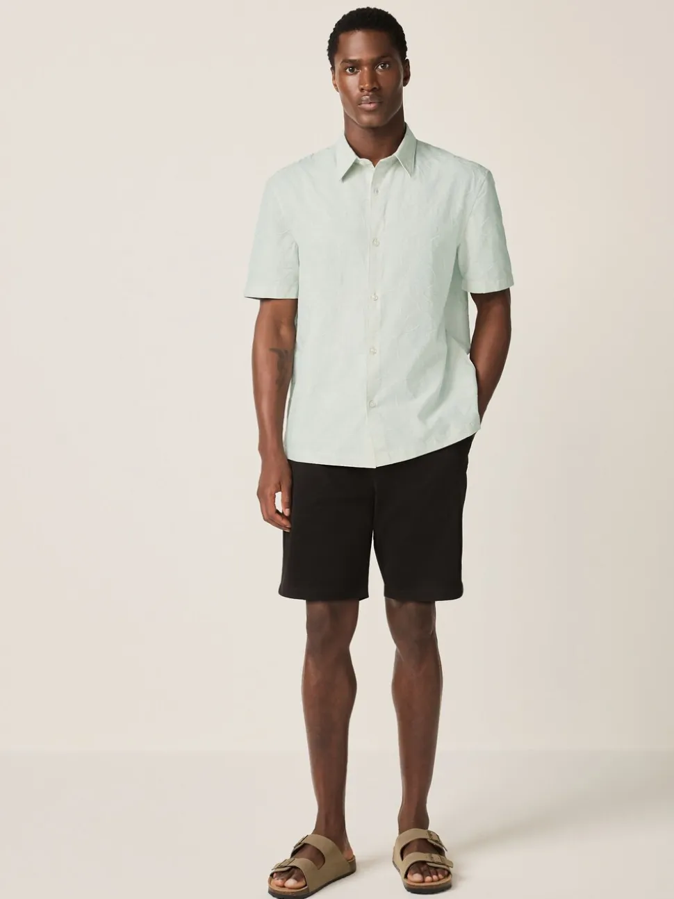 Green Textured Floral Print Short Sleeve Shirt