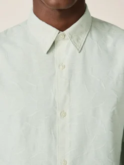 Green Textured Floral Print Short Sleeve Shirt