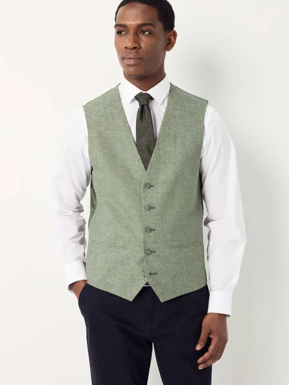 Green Textured Linen Suit Waistcoat