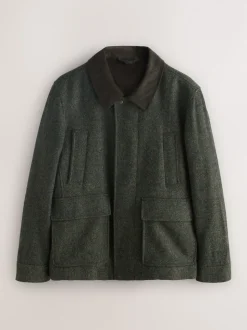 Green Wool Blend Herringbone Quilted Corduroy Collar Jacket