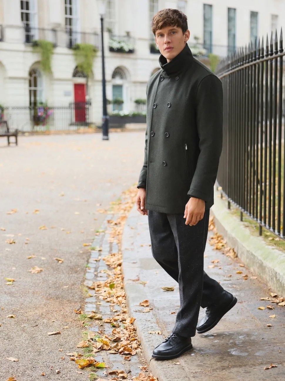 Green Wool Rich Double Breasted Funnel Coat
