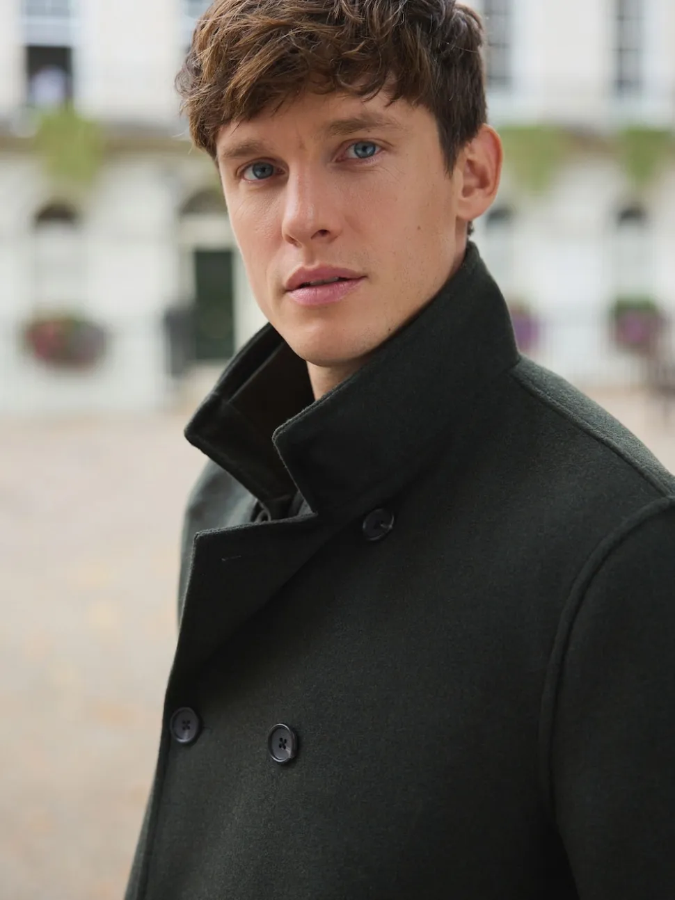 Green Wool Rich Double Breasted Funnel Coat