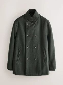 Green Wool Rich Double Breasted Funnel Coat